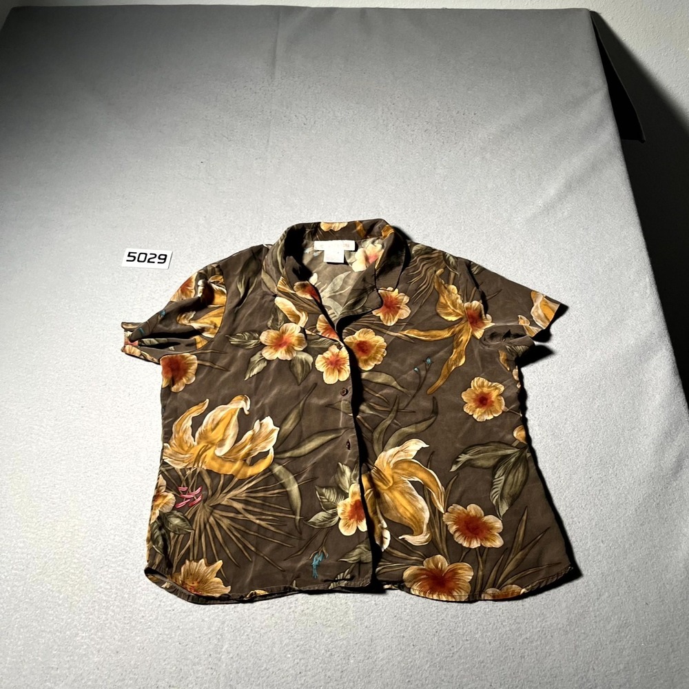 Jones New York Shirt Womens 14 Multicolor Floral Silk Camp Collar Button Up
